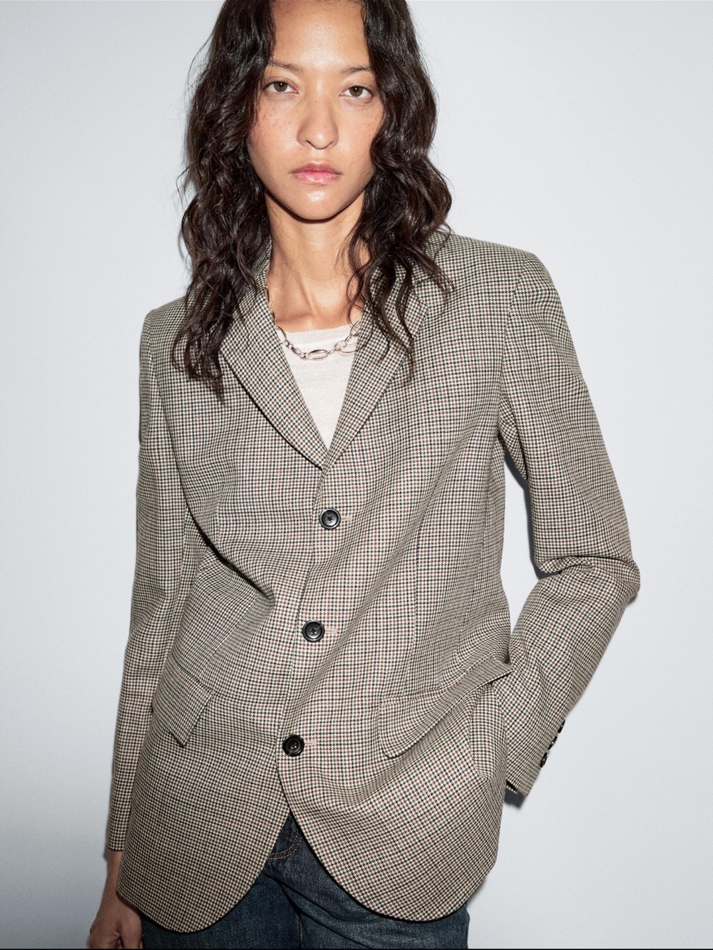 Massimo Dutti 100% Wool Houndstooth Blazer Beige Brown US 10